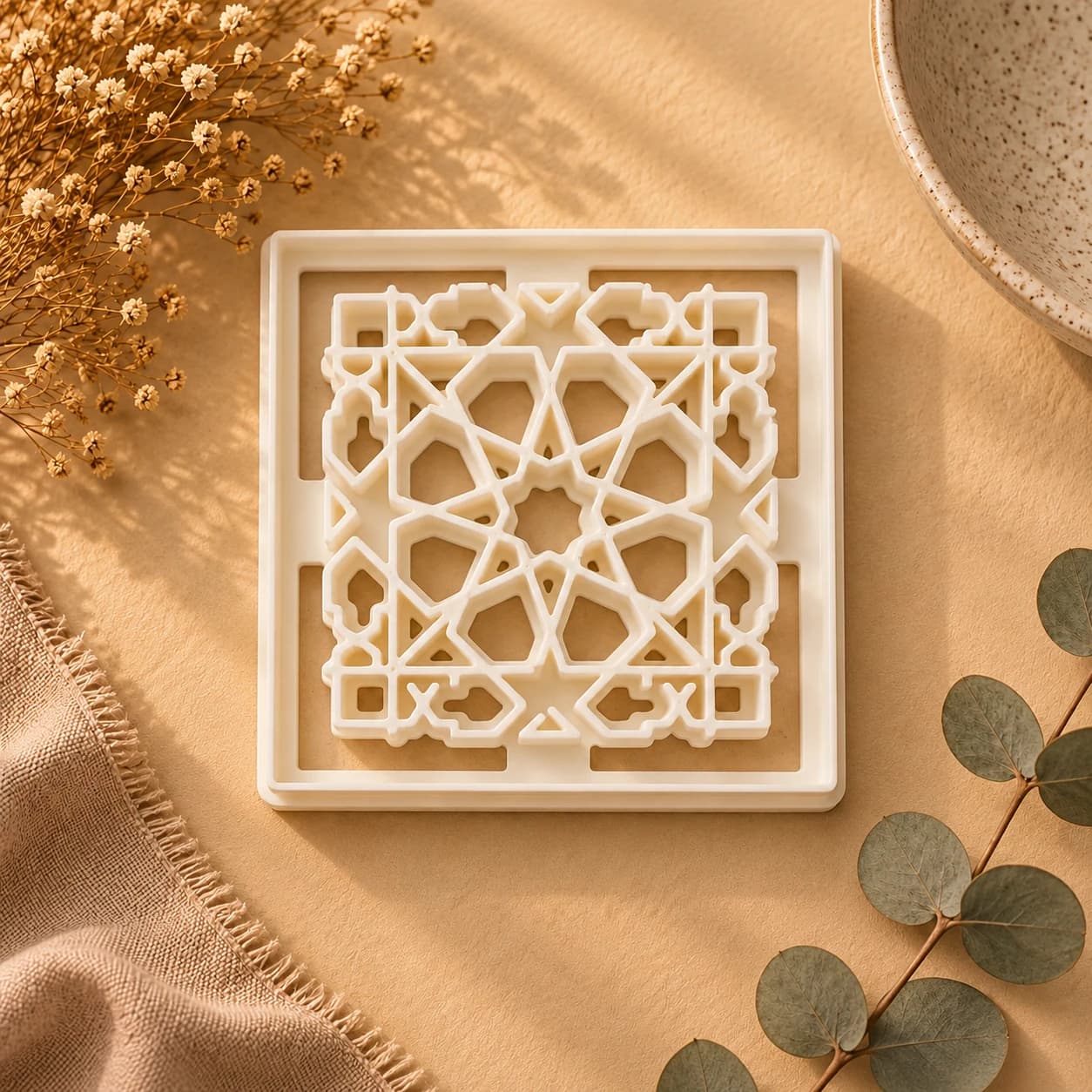 Geometric lattice clay stamp on a warm beige craft table
